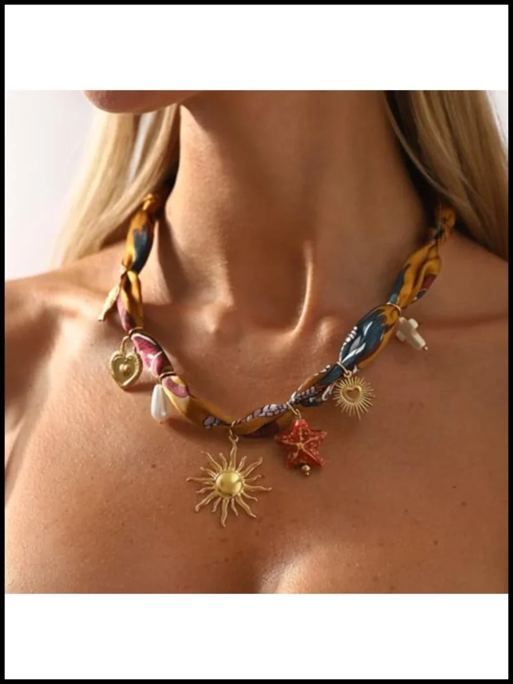Fabric Scarf Necklace with Sun Shell Butterfly Flower Charms